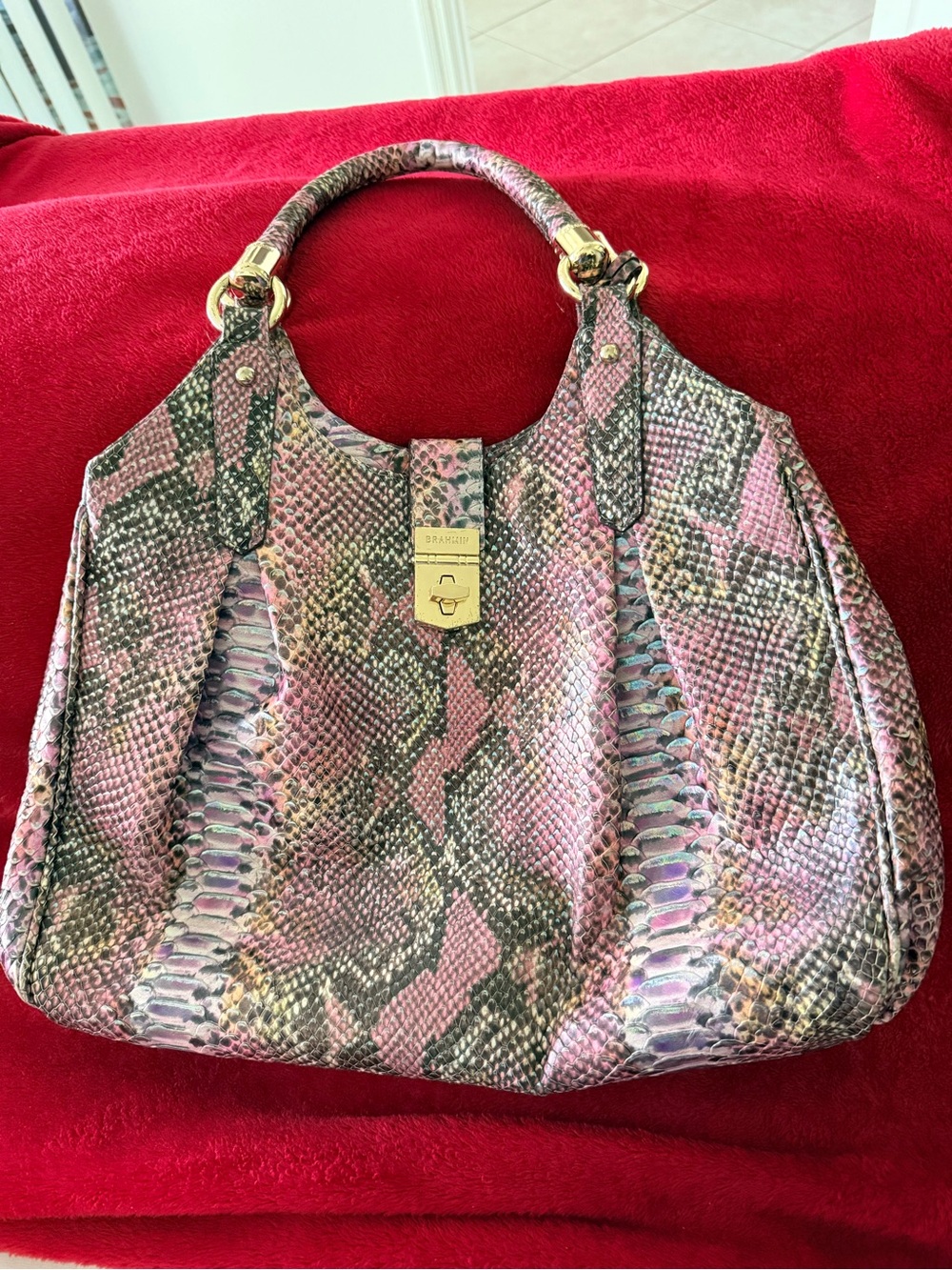 Brahmin Pink Snake Print Tote Handbag